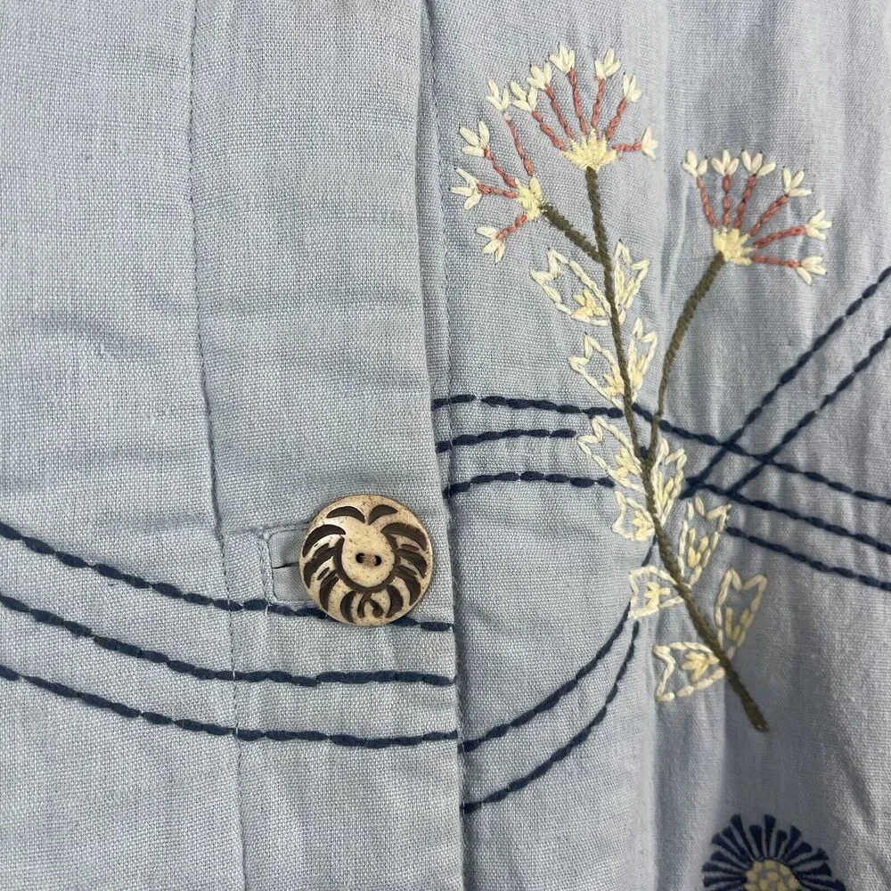 Cedar‎ Canyon Womens Floral Embroidered Jacket Large Blue Linen Blend Cottage